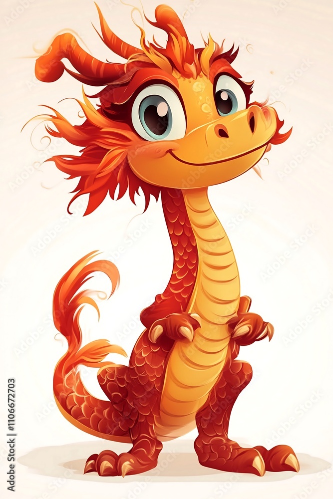 Fototapeta premium Adorable Dragon with Big Eyes: A cartoon illustration featuring a cute, smiling baby dragon with vibrant red and yellow scales. The dragon's large.