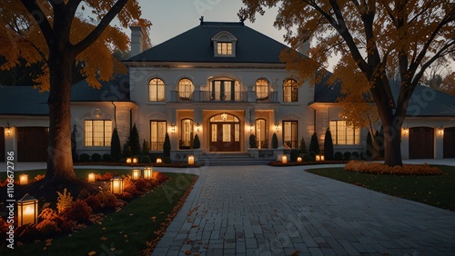 Luxurious Mansion at Dusk Autumnal Landscape