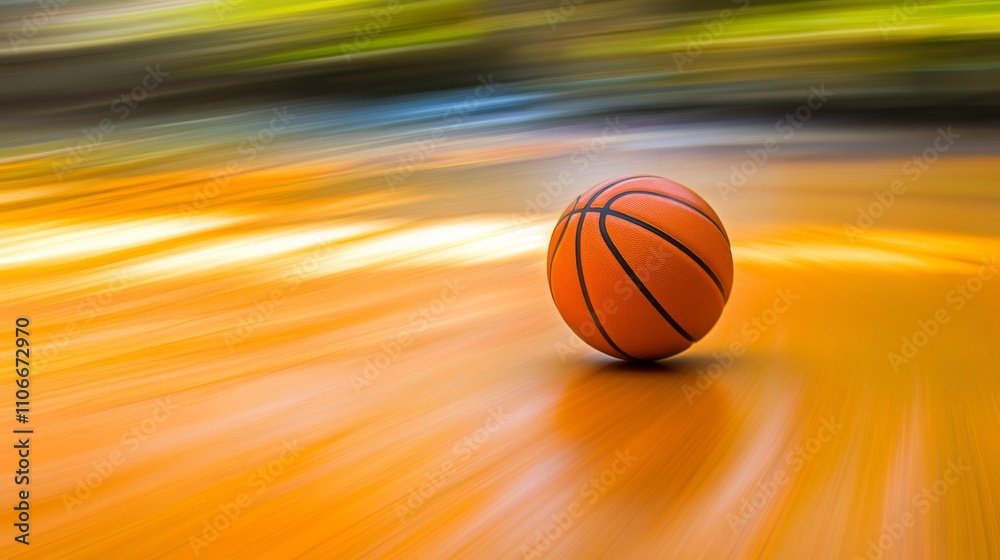 Dynamic Orange Basketball in Motion on a Vibrant Court Surface Dynamic Orange Basketball in Motion on a Vibrant Court Surface