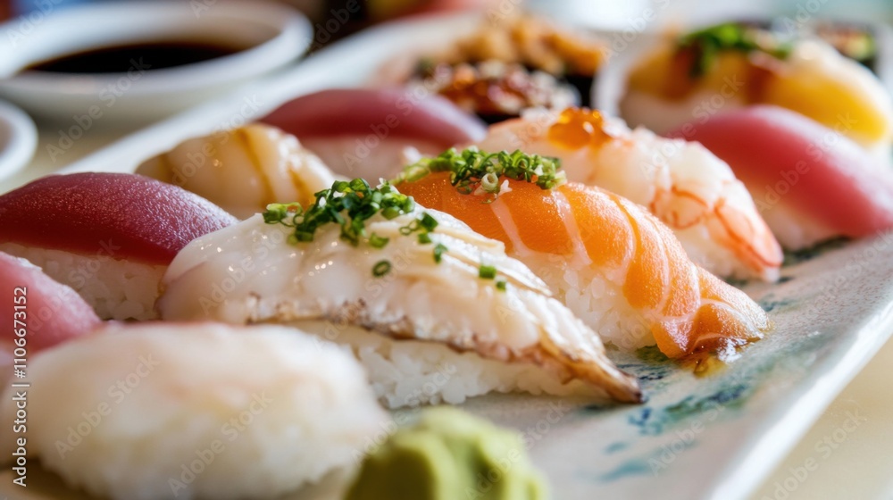 A platter of assorted sushi nigiri featuring slices of fresh fish atop beds of seasoned rice, Sushi nigiri platter centered, Soft natural light highlighting their delicate presentation A platter of assorted sushi nigiri featuring slices of fresh fish atop beds of seasoned rice, Sushi nigiri platter centered, Soft natural light highlighting their delicate presentation