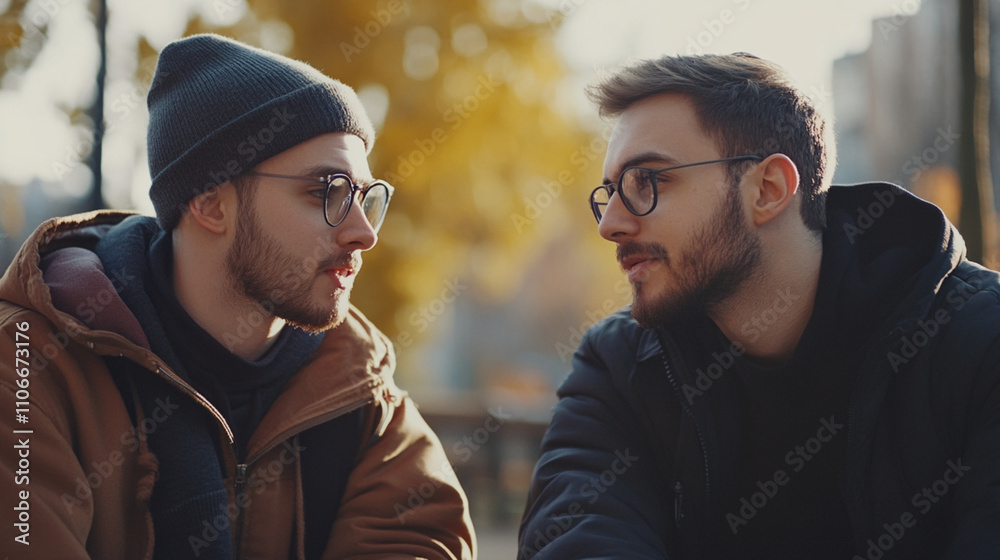 Fototapeta premium Two men in glasses and jackets are talking outdoors
