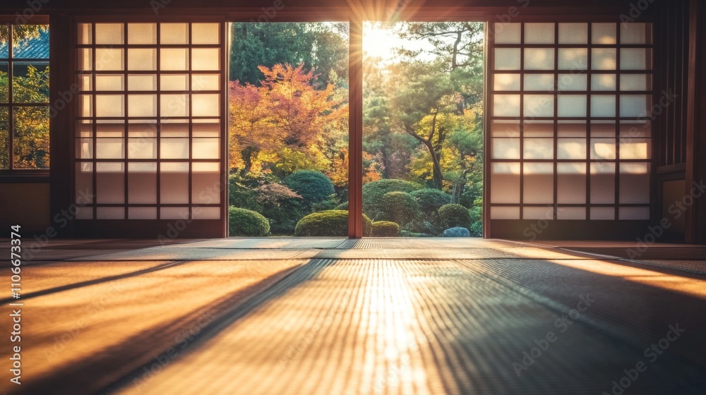 Tranquil Japanese Room with Sliding Doors and Scenic Garden View Tranquil Japanese Room with Sliding Doors and Scenic Garden View