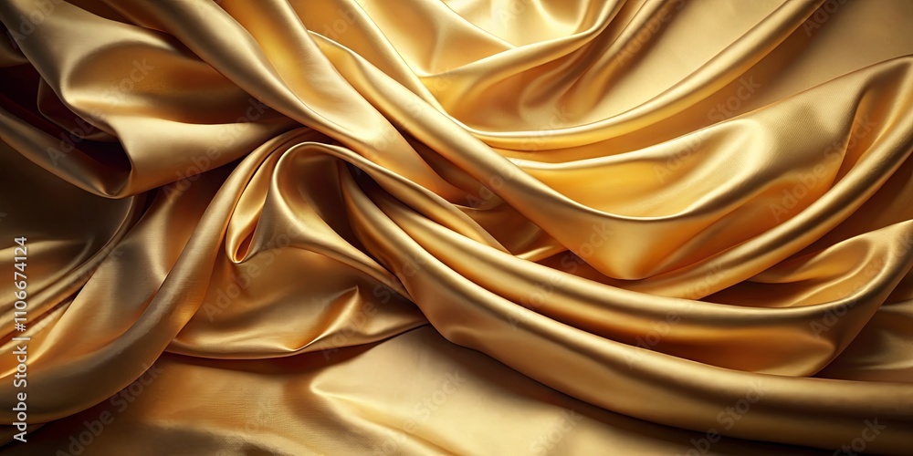 A luxurious, golden satin fabric arranged in elegant, flowing folds, creating a soft, textured backdrop.