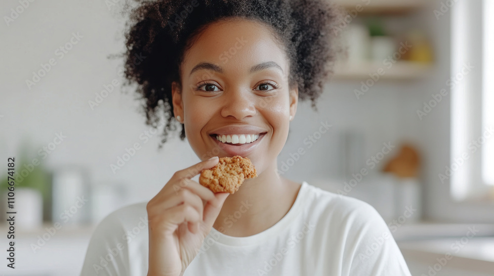 Afro woman grabbing eating cookies at kitchen, enjoy family tradition Afro woman grabbing eating cookies at kitchen, enjoy family tradition