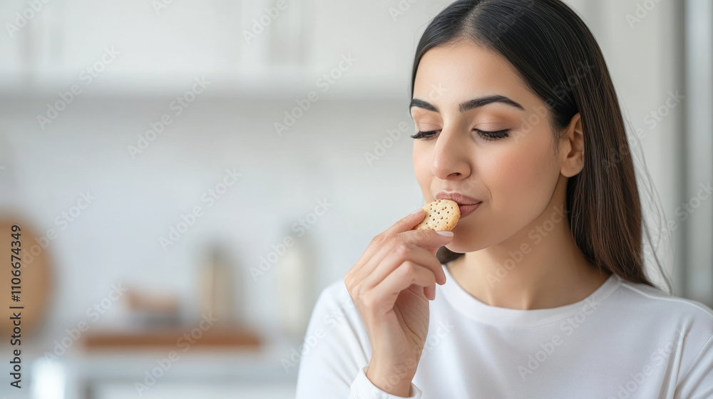 Arabian woman grabbing eating cookies at kitchen, enjoy family tradition Arabian woman grabbing eating cookies at kitchen, enjoy family tradition