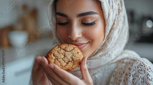 Arabian woman grabbing eating cookies at kitchen, enjoy family tradition