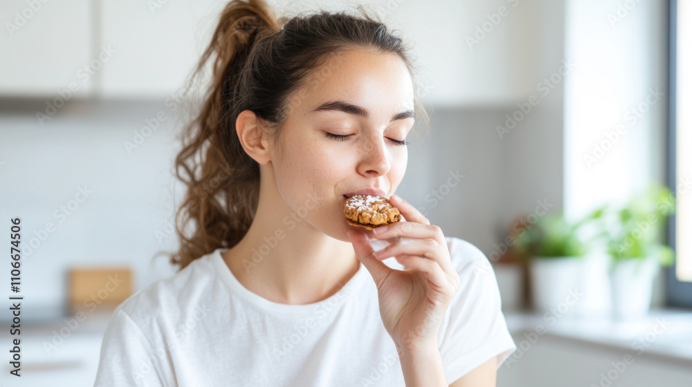 Australian woman grabbing eating cookies at kitchen, enjoy family tradition Australian woman grabbing eating cookies at kitchen, enjoy family tradition