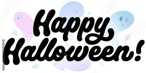 Lettering Happy Halloween with ghosts and stars text