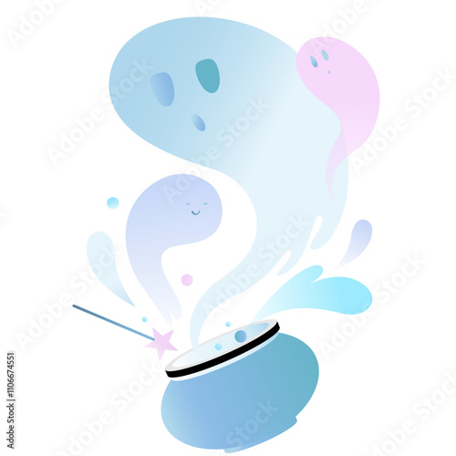 Halloween ghosts flying out of a cauldron