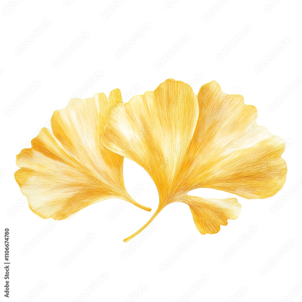 A ginkgo leaf, ancient botanical, soft pastel illustration, golden yellow, isolated on white background A ginkgo leaf, ancient botanical, soft pastel illustration, golden yellow, isolated on white background