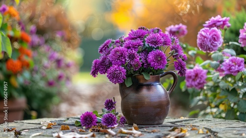 A bouquet of purple September flowers in a brown clay jug outdoors in the garden next to a rose bush on an autumn sunny day. Natural autumn floral background