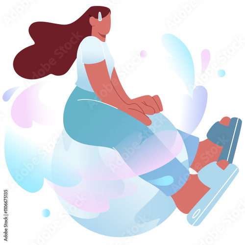 Woman flying and holding onto a planet