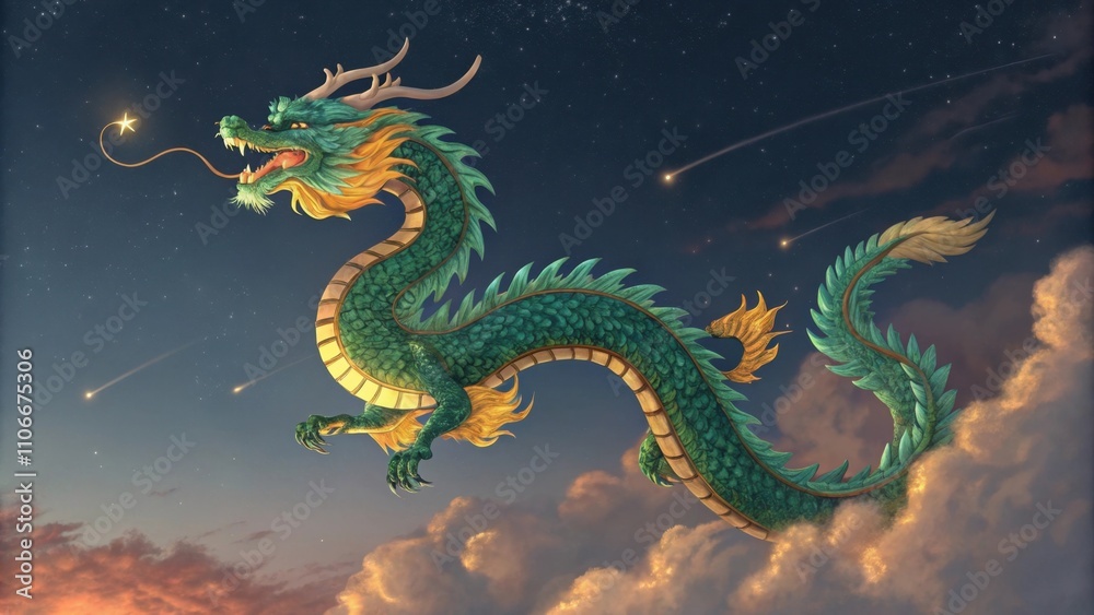 Fototapeta premium Celestial Dragon A vibrant shimmering dragon soars through a twilight sky its scales reflecting shades of emerald and gold. Wisps of fiery clouds trail behind it and its elongated