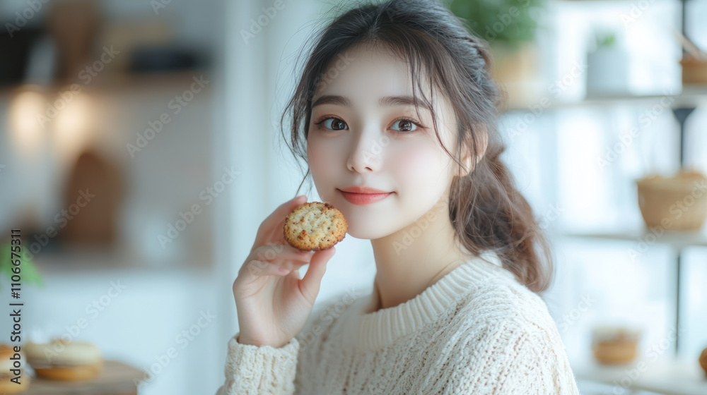 Chinese woman grabbing eating cookies at kitchen, enjoy family tradition Chinese woman grabbing eating cookies at kitchen, enjoy family tradition