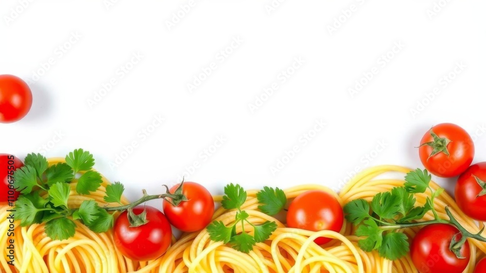 Frame of fresh parsley, tomatoes, and pasta on yellow background with copy space in center, parsley, empty space Frame of fresh parsley, tomatoes, and pasta on yellow background with copy space in center, parsley, empty space
