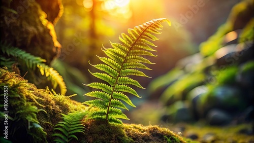 A Single Fern Frond Stands Out Against A Background Of Lush Greenery Bathed In Warm Sunlight