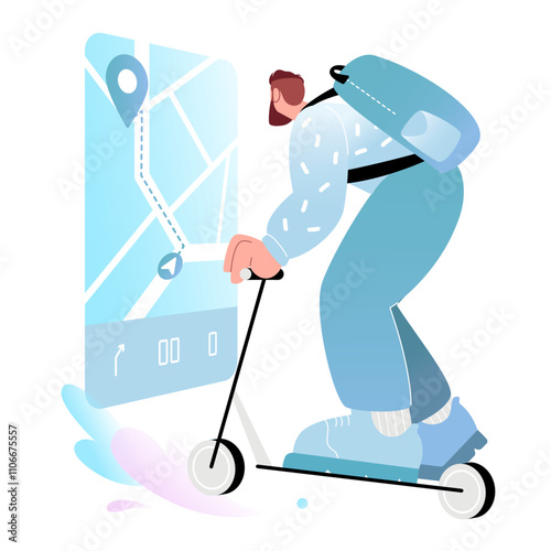 Man on kick scooter using holographic map for navigation