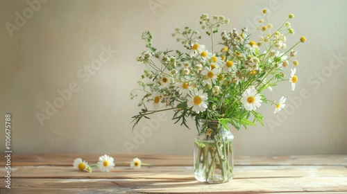 A bouquet of wild summer field flowers of chamomile and mouse peas in a glass vase on a wooden floor and a brown white background.
