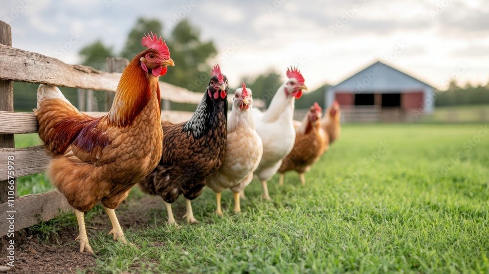 Fototapeta premium Chickens on a Farm in a Green Pasture