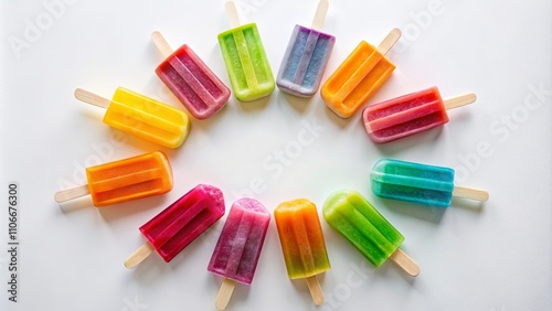 A circular arrangement of colorful popsicles on a white background, forming a vibrant and inviting summertime tableau.