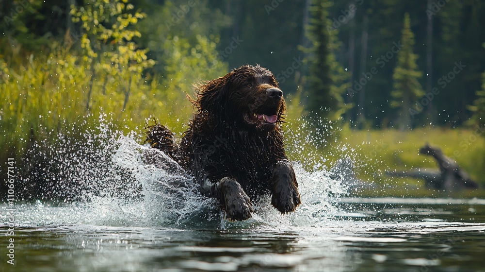 Joyful Irish Water Spaniel Running Through Water in a Forest Joyful Irish Water Spaniel Running Through Water in a Forest
