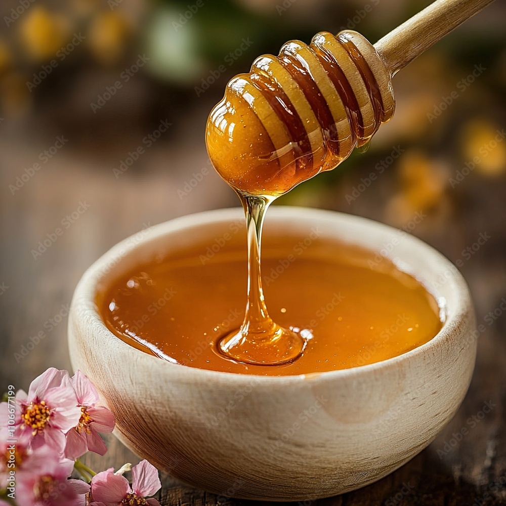 Golden Honey Dripping into Bowl: Sweet, Viscous Delight Golden Honey Dripping into Bowl: Sweet, Viscous Delight