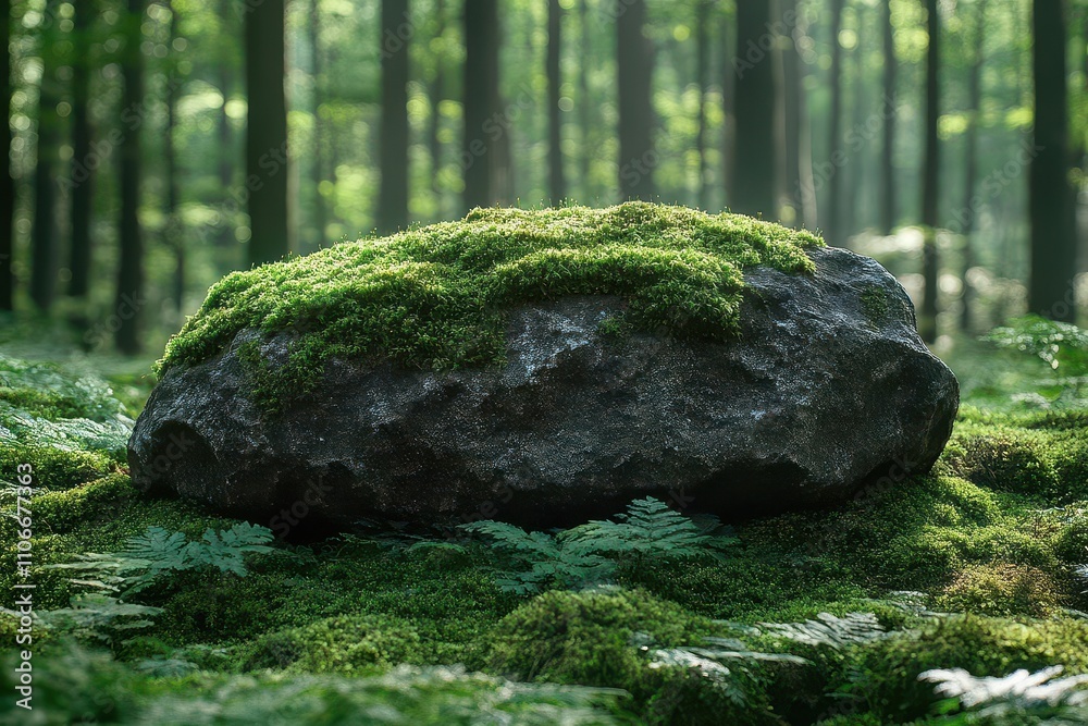 serene forest scene showcasing a moss-covered stone, surrounded by lush greenery, capturing the beauty of nature and wildlife in a tranquil woodland environment, ideal for product displays serene forest scene showcasing a moss-covered stone, surrounded by lush greenery, capturing the beauty of nature and wildlife in a tranquil woodland environment, ideal for product displays