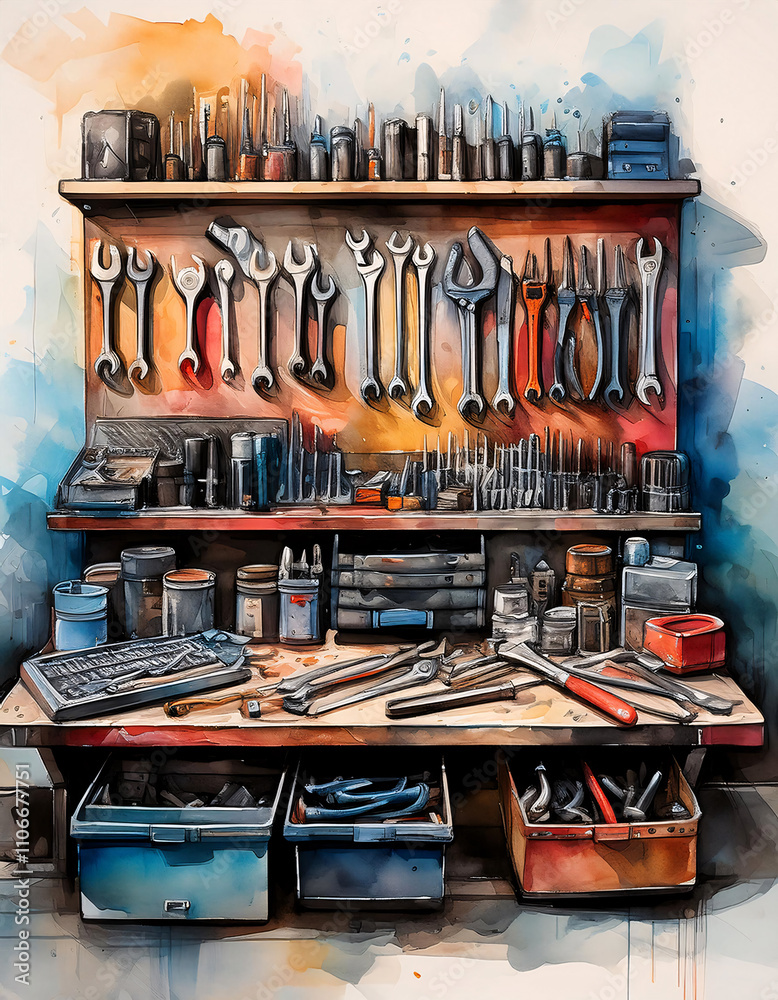 An open toolbox filled with various tools and supplies, painted in a vibrant, artistic style An open toolbox filled with various tools and supplies, painted in a vibrant, artistic style