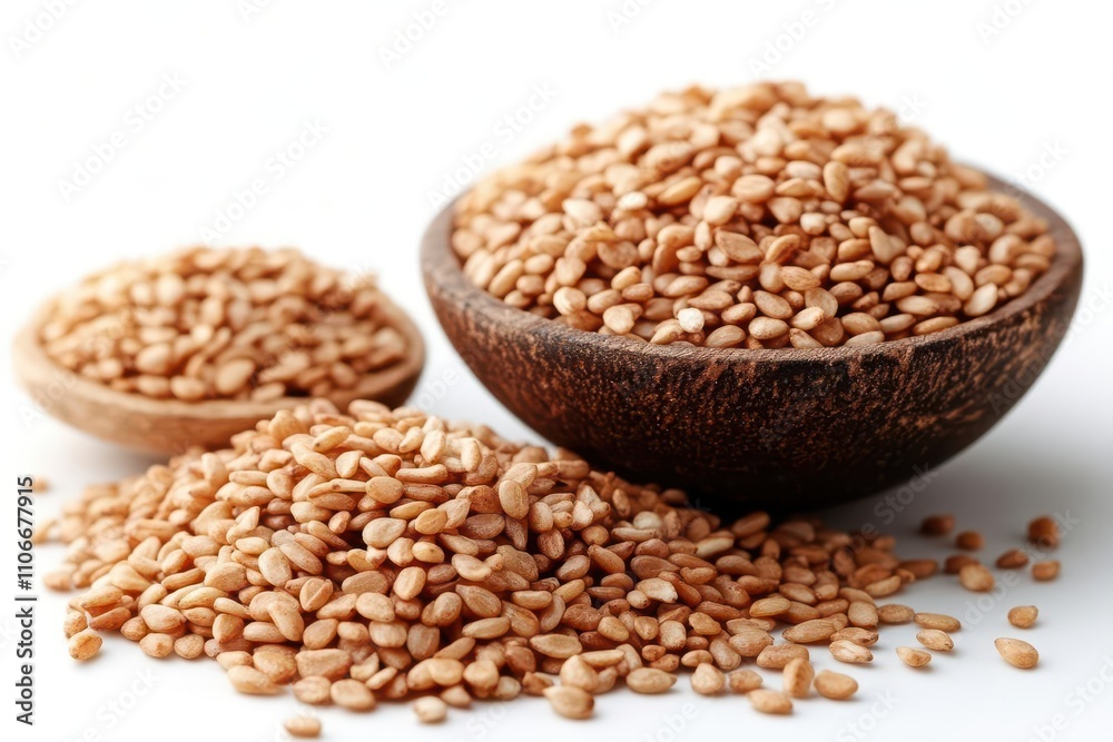 sesame seeds scattered on a clean white background, showcasing their texture and detail with a focus on the rich, earthy colors, highlighting their culinary uses sesame seeds scattered on a clean white background, showcasing their texture and detail with a focus on the rich, earthy colors, highlighting their culinary uses