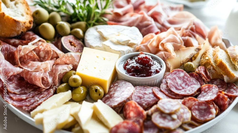 A platter of charcuterie featuring an assortment of cured meats, cheeses, and olives A platter of charcuterie featuring an assortment of cured meats, cheeses, and olives