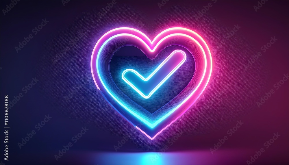A vibrant neon heart with a checkmark, symbolizing love and approval against a dark background. A vibrant neon heart with a checkmark, symbolizing love and approval against a dark background.