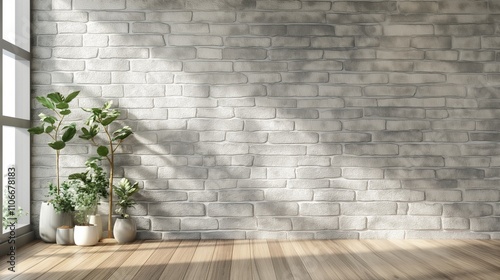 Minimalist Light gray grey stone brick wall empty room interior blank background backdrop with plants window light shadows for online zoom presentations webinars and virtual meetings teams video call