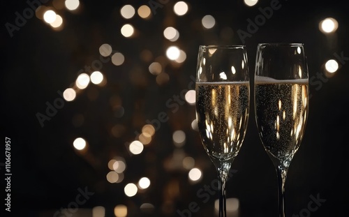 Two glasses of champagne clink together in a toast, set against a sleek black background with soft bokeh lights. The composition offers ample copy space, making it perfect for holiday-themed messages 