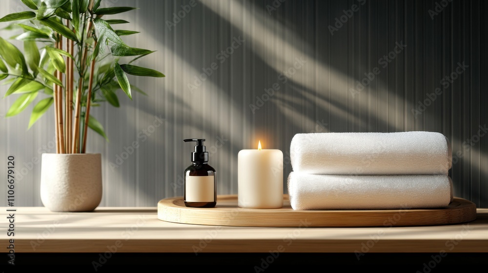 Serenity in a Spa: A Tranquil Setup with Soft Towels, a Scented Candle, and a Chic Plant for Relaxation in a Modern Bathroom Environment Serenity in a Spa: A Tranquil Setup with Soft Towels, a Scented Candle, and a Chic Plant for Relaxation in a Modern Bathroom Environment
