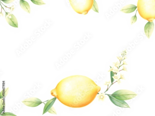 Lemon verbena and lemons watercolor illustration, pastel colors, light yellow background, white space for title, botanical artwork, pastel colors, stock photo photo