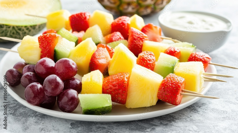 A platter of colorful fruit kabobs featuring strawberries, pineapple, grapes A platter of colorful fruit kabobs featuring strawberries, pineapple, grapes
