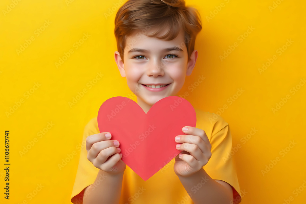 Portrait of kid boy holding paper heart over yellow background. Love and valentine day and gratitude concept. Portrait of kid boy holding paper heart over yellow background. Love and valentine day and gratitude concept.