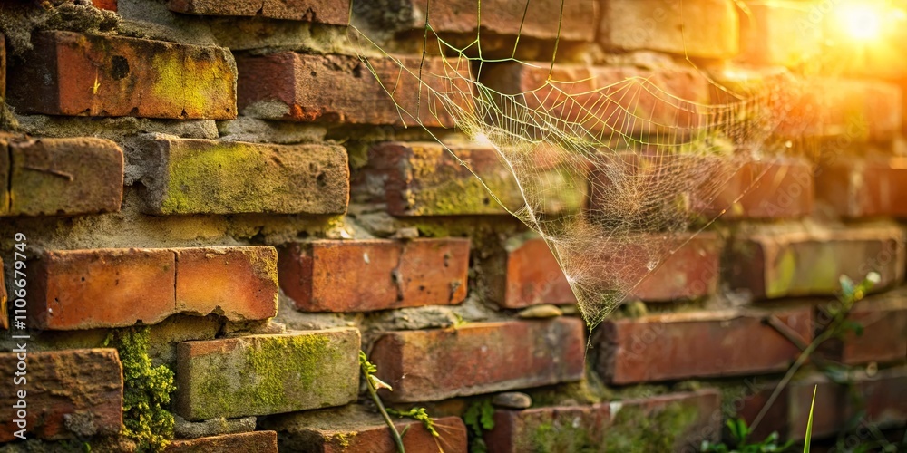 A delicate spiderweb woven between weathered bricks, bathed in the warm glow of the setting sun. A delicate spiderweb woven between weathered bricks, bathed in the warm glow of the setting sun.