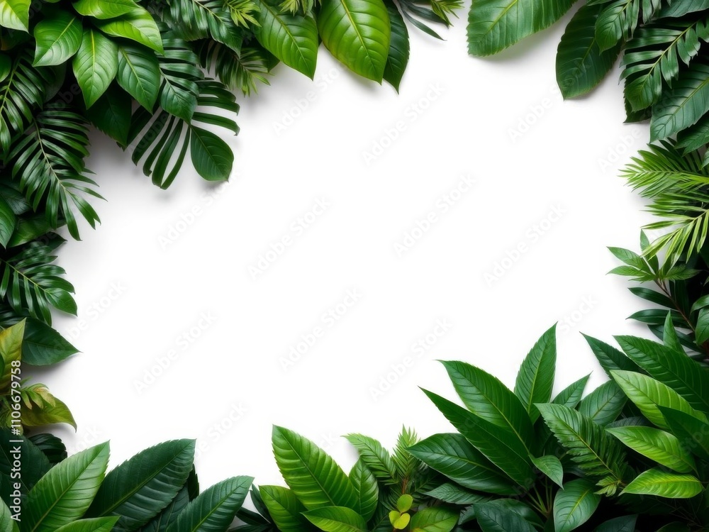 Lush green jungle foliage surrounding a white frame in the middle, exotic, nature Lush green jungle foliage surrounding a white frame in the middle, exotic, nature