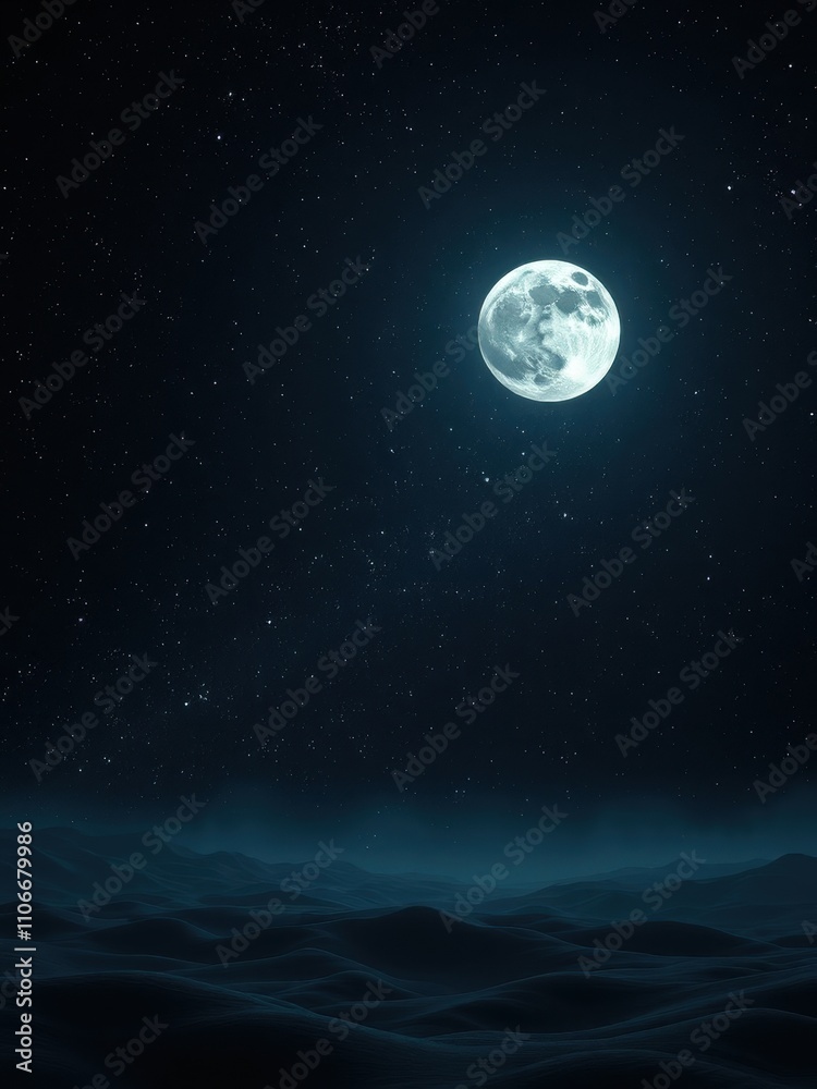 Fototapeta premium Dark celestial backdrop with twinkling stars and a full moon, starry night, night sky, space