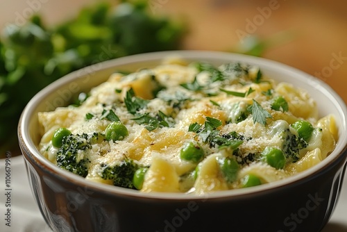 delicious pasta dish with broccoli and peas served