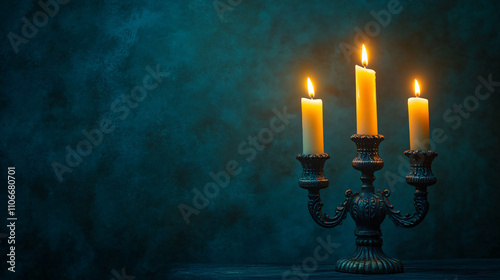 Warm candlelight creates an intimate atmosphere against a textured dark teal wall, perfect for Hanukkah designs, cozy settings, and serene decor.