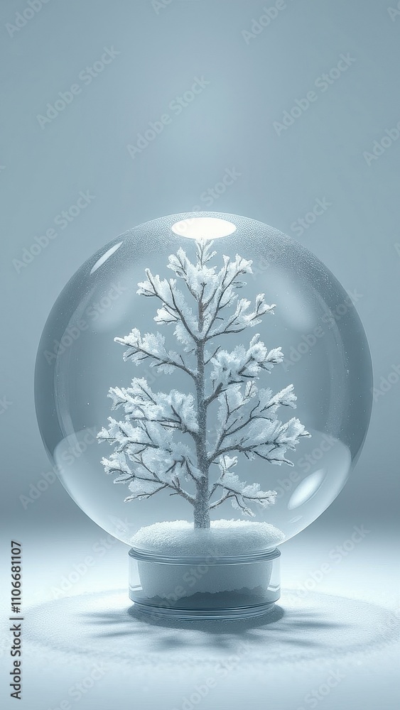 Snow-covered branches of a miniature Christmas tree stretch out towards the top of a frosted glass sphere, holiday, snow globe decoration, winter wonderland Snow-covered branches of a miniature Christmas tree stretch out towards the top of a frosted glass sphere, holiday, snow globe decoration, winter wonderland