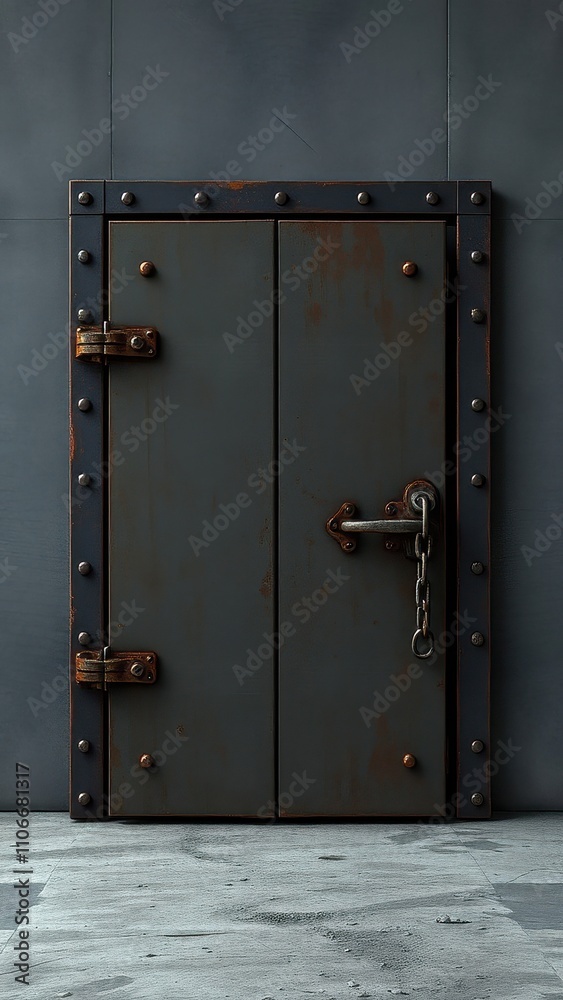Obraz premium Textured steel door with rusty hinges and chain, grunge, door, hardware