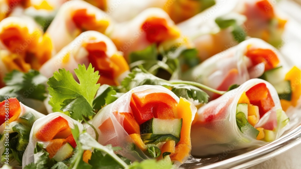 A platter of colorful vegetable spring rolls served with a side of sweet chili sauce, Spring rolls on platter, Soft natural lighting accentuating the vibrant colors A platter of colorful vegetable spring rolls served with a side of sweet chili sauce, Spring rolls on platter, Soft natural lighting accentuating the vibrant colors