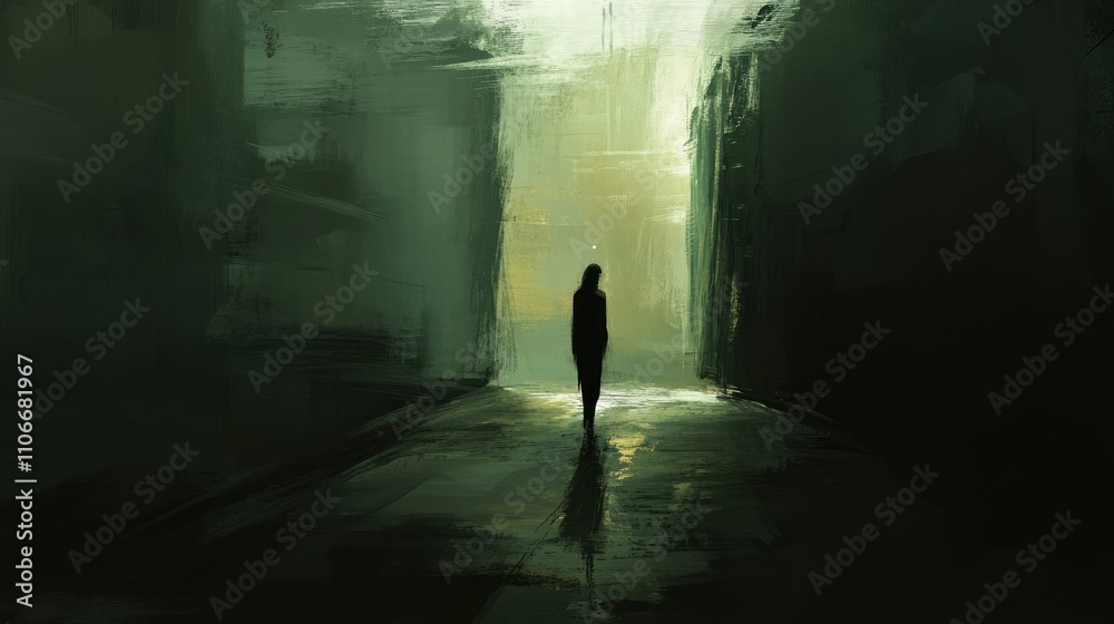 A solitary figure stands in a dimly lit alley, evoking mystery and introspection.