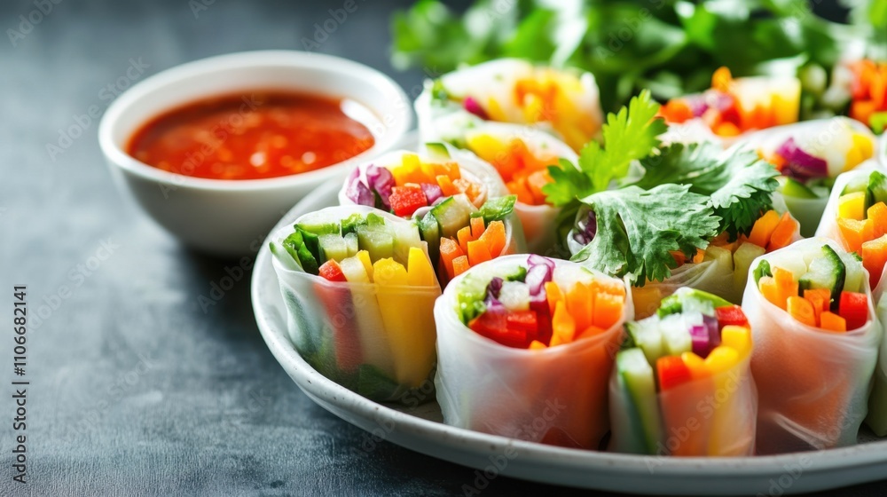 A platter of colorful vegetable spring rolls served with sweet chili sauce, Spring rolls on platter, Soft diffused lighting accentuating the vibrant colors A platter of colorful vegetable spring rolls served with sweet chili sauce, Spring rolls on platter, Soft diffused lighting accentuating the vibrant colors