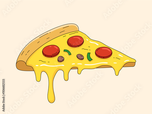 Melted Cheese Pizza Slice: A delicious slice of pizza with melted cheese dripping down the side, perfect for illustrating cravings, food photography, or restaurant menus. 