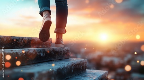 Sunset stairs climb urban landscape inspirational journey evening vibe perspective on hope and growth
