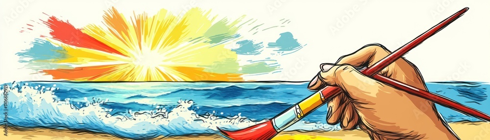 A hand holding a paintbrush captures a vibrant sunset over the ocean waves. A hand holding a paintbrush captures a vibrant sunset over the ocean waves.